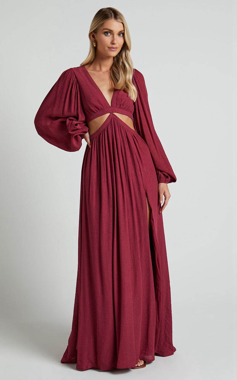 Showpo Paige Maxi Dress - Side Cut Out Balloon Sleeve Dress Mulberry | JMTELZ958