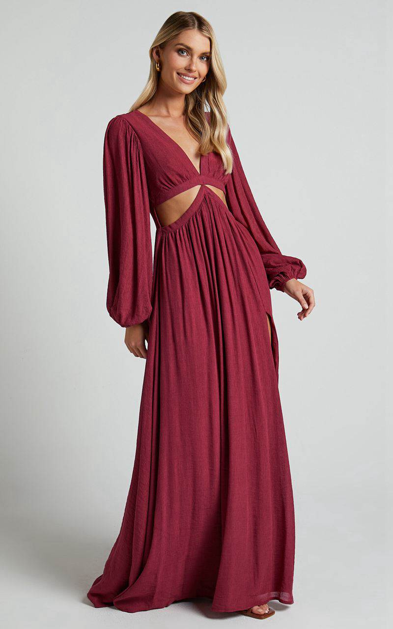 Showpo Paige Maxi Dress - Side Cut Out Balloon Sleeve Dress Mulberry | JMTELZ958