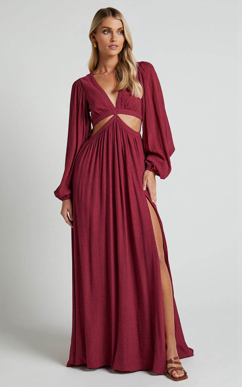 Showpo Paige Maxi Dress - Side Cut Out Balloon Sleeve Dress Mulberry | JMTELZ958