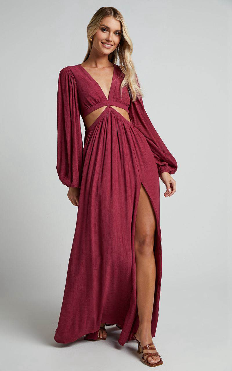 Showpo Paige Maxi Dress - Side Cut Out Balloon Sleeve Dress Mulberry | JMTELZ958