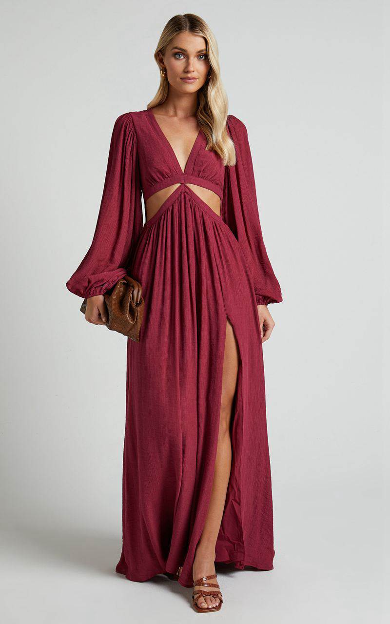 Showpo Paige Maxi Dress - Side Cut Out Balloon Sleeve Dress Mulberry | JMTELZ958