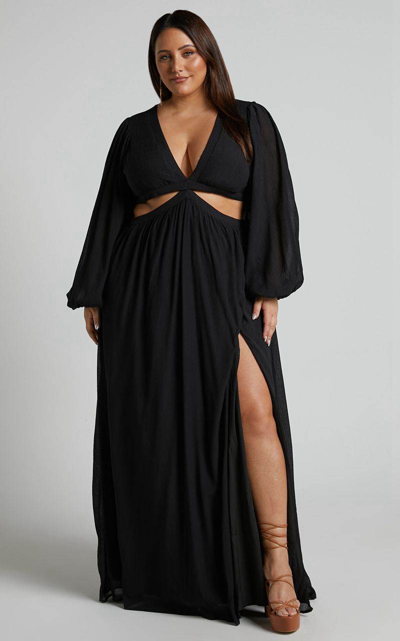 Showpo Paige Maxi Dress - Side Cut Out Balloon Sleeve Dress Black | DJXFUL427