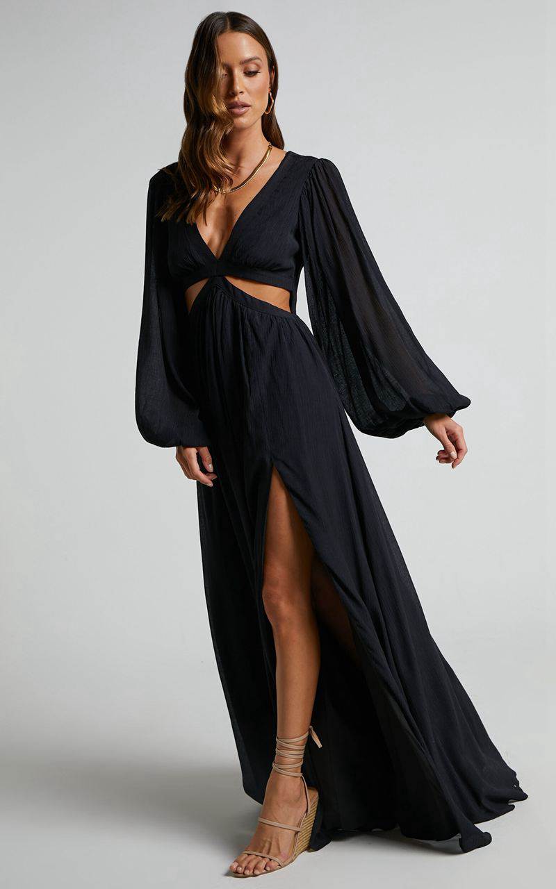 Showpo Paige Maxi Dress - Side Cut Out Balloon Sleeve Dress Black | DJXFUL427