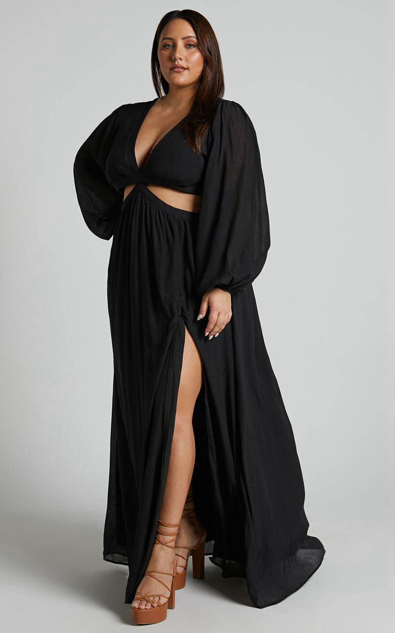 Showpo Paige Maxi Dress - Side Cut Out Balloon Sleeve Dress Black | DJXFUL427