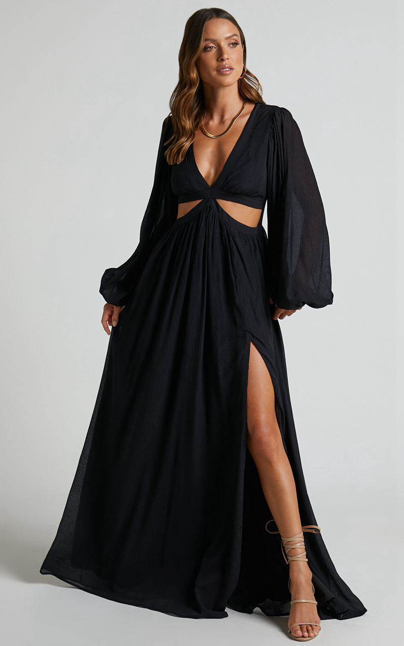 Showpo Paige Maxi Dress - Side Cut Out Balloon Sleeve Dress Black | DJXFUL427