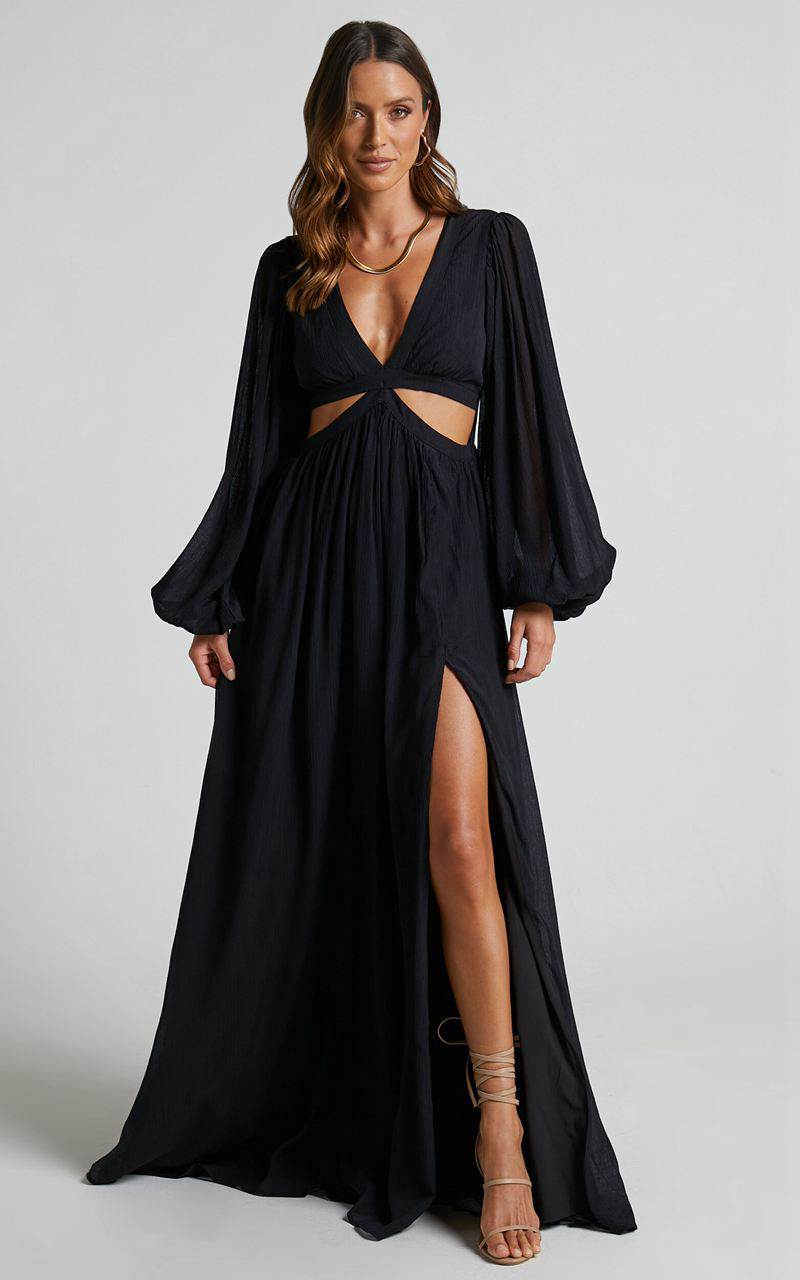 Showpo Paige Maxi Dress - Side Cut Out Balloon Sleeve Dress Black | DJXFUL427