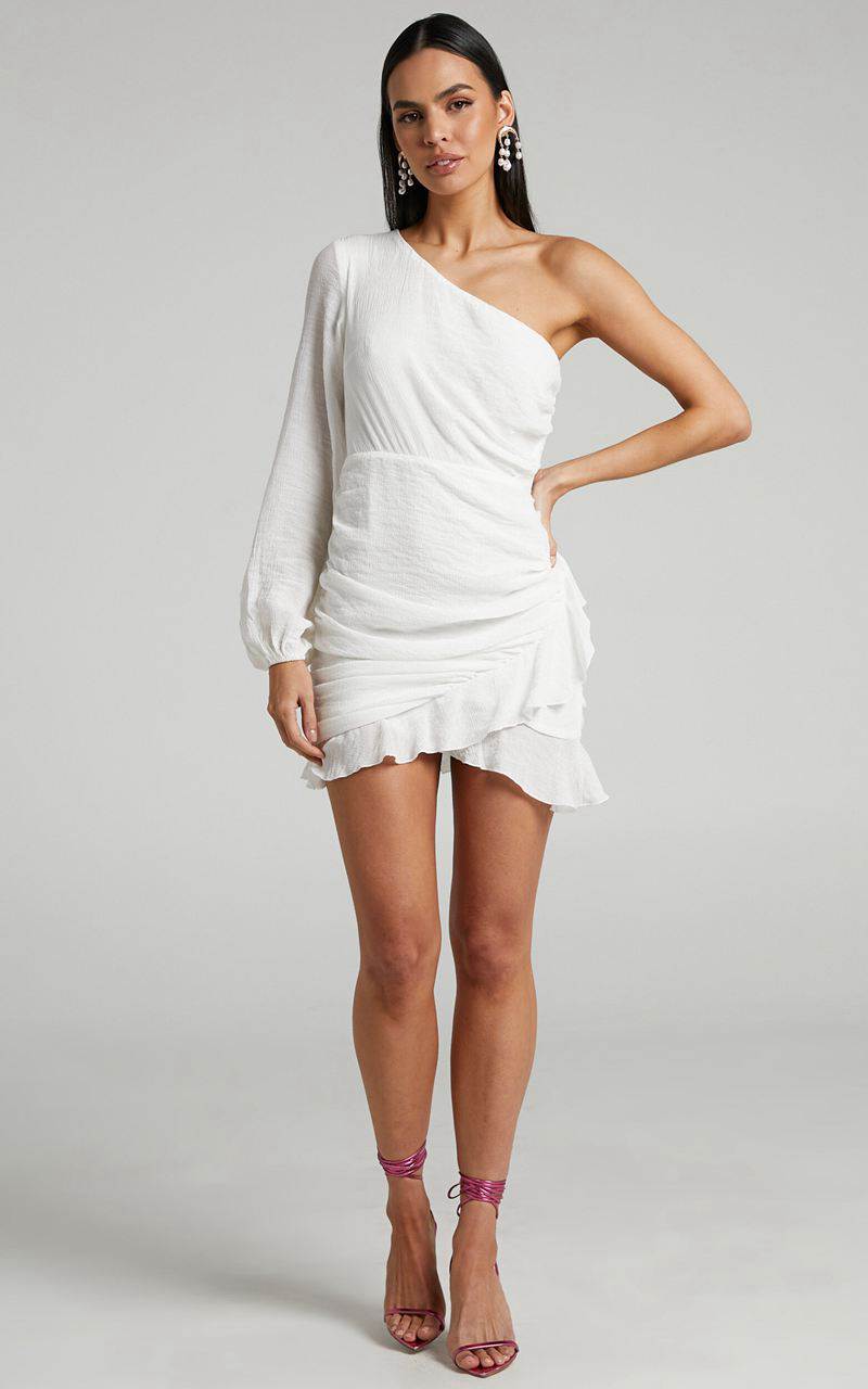 Showpo Paige Mini Dress - One Shoulder Frill Hem Wrap Skirt Dress White | VMDFEA932