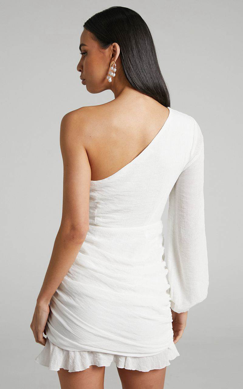 Showpo Paige Mini Dress - One Shoulder Frill Hem Wrap Skirt Dress White | VMDFEA932