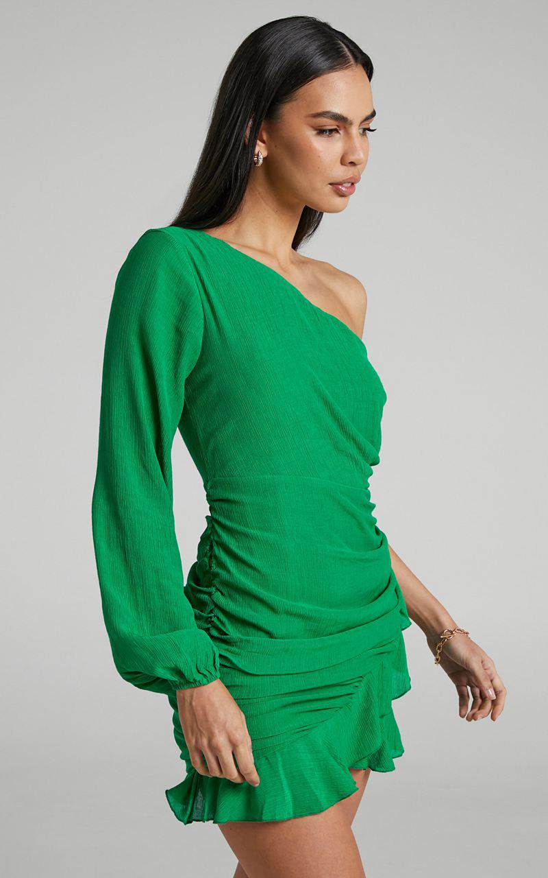 Showpo Paige Mini Dress - One Shoulder Frill Hem Wrap Skirt Dress Green | QFYGUH469