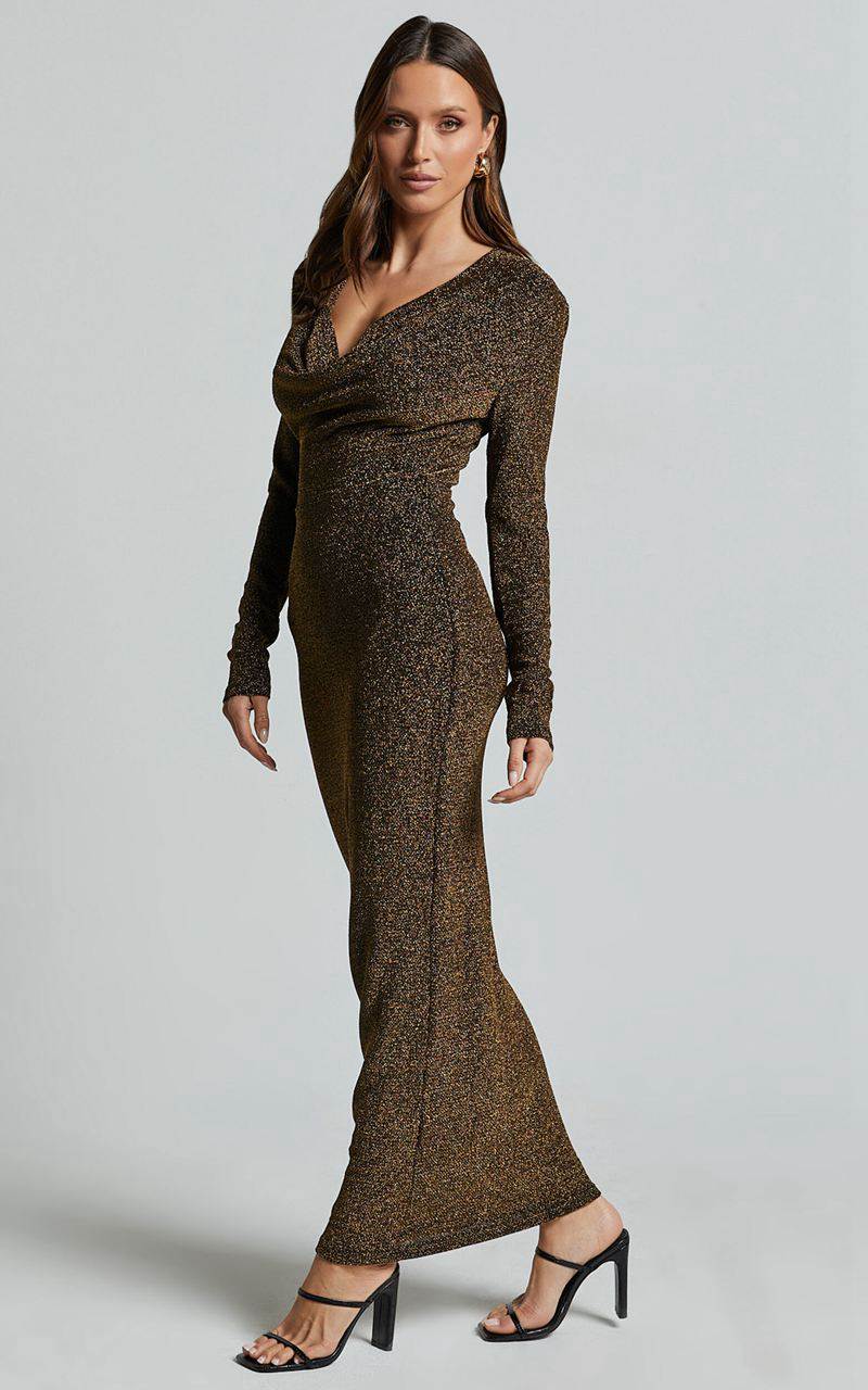 Showpo Paisley Midi Dress - Plunge Cowl Neck Long Sleeve Glitter Jersey Dress Gold | IYZRBK012