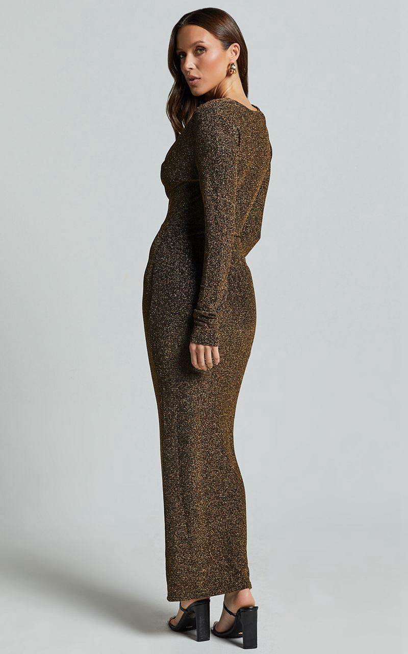 Showpo Paisley Midi Dress - Plunge Cowl Neck Long Sleeve Glitter Jersey Dress Gold | IYZRBK012