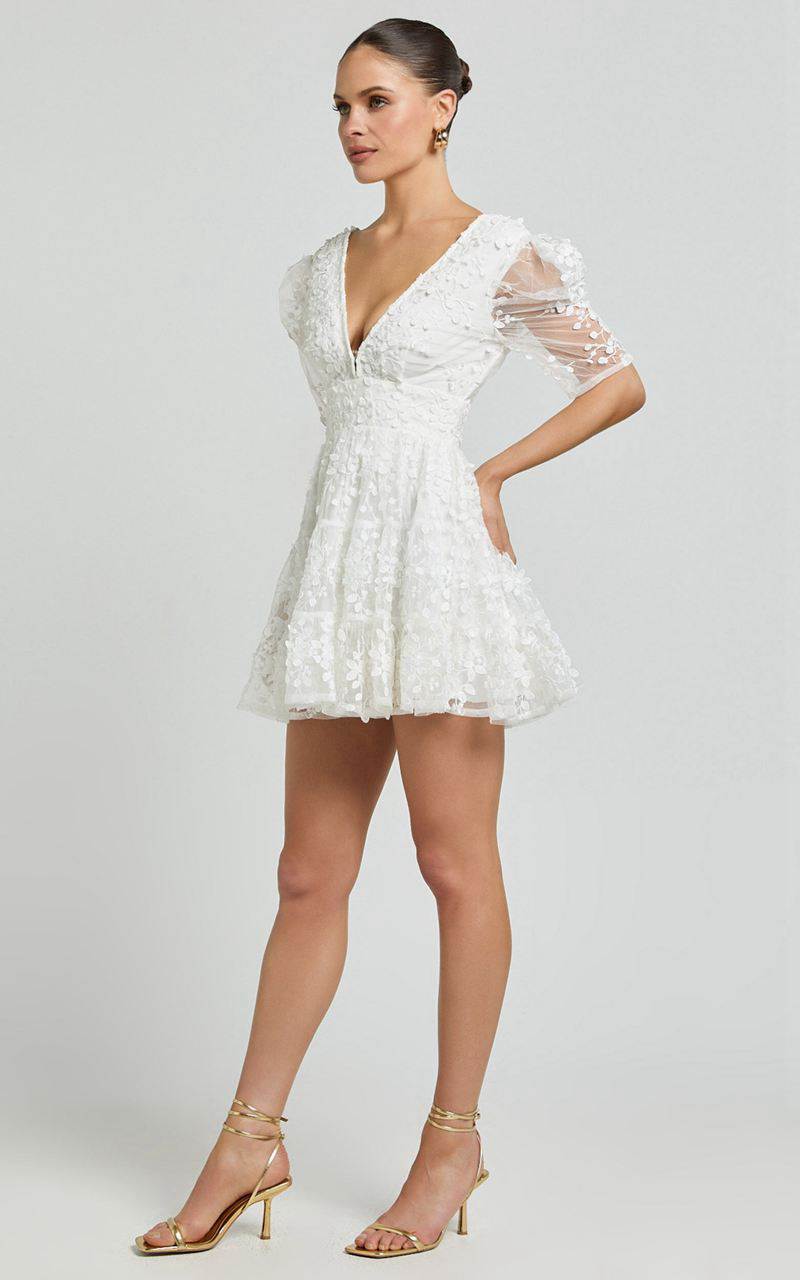 Showpo Pamela Mini Dress - Embroidered Plunge Tiered Dress White | HSOKTG384