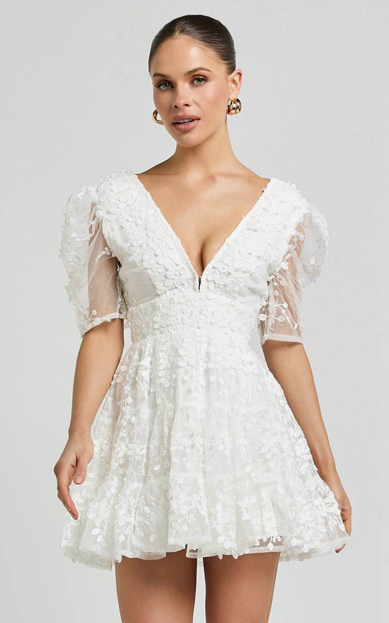 Showpo Pamela Mini Dress - Embroidered Plunge Tiered Dress White | HSOKTG384