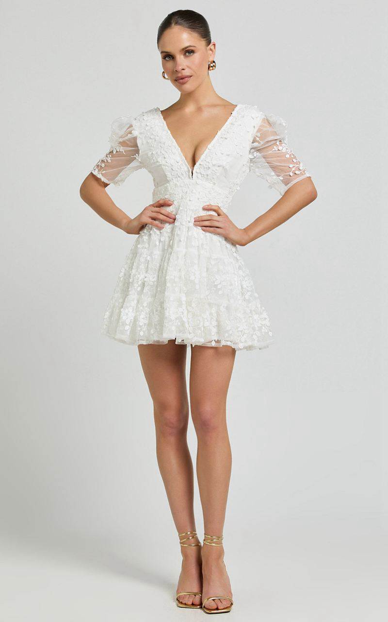 Showpo Pamela Mini Dress - Embroidered Plunge Tiered Dress White | HSOKTG384