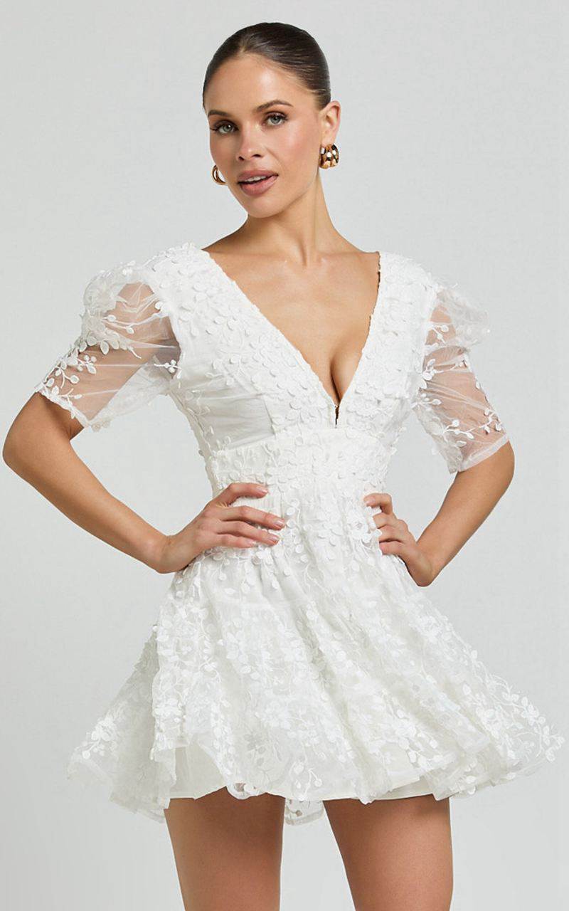 Showpo Pamela Mini Dress - Embroidered Plunge Tiered Dress White | HSOKTG384