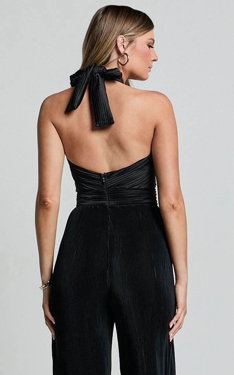 Showpo Paris Jumpsuit - Plisse Halter Neck Wide Leg Jumpsuit Black | RSCMVI297