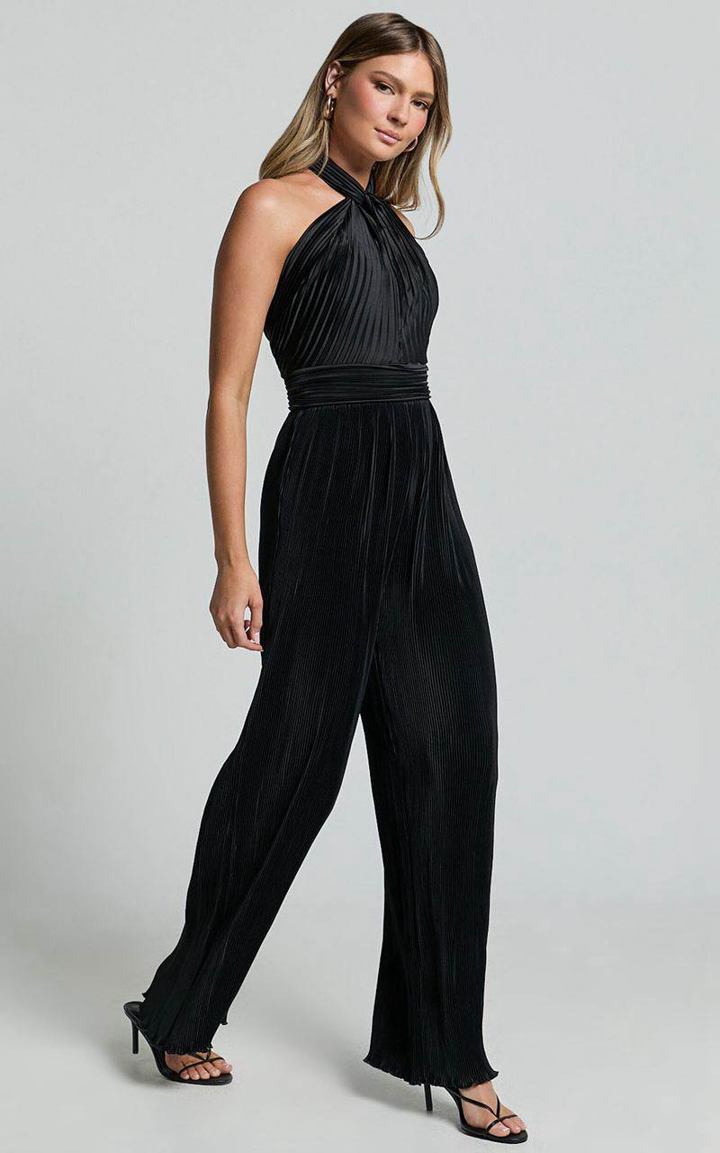 Showpo Paris Jumpsuit - Plisse Halter Neck Wide Leg Jumpsuit Black | RSCMVI297