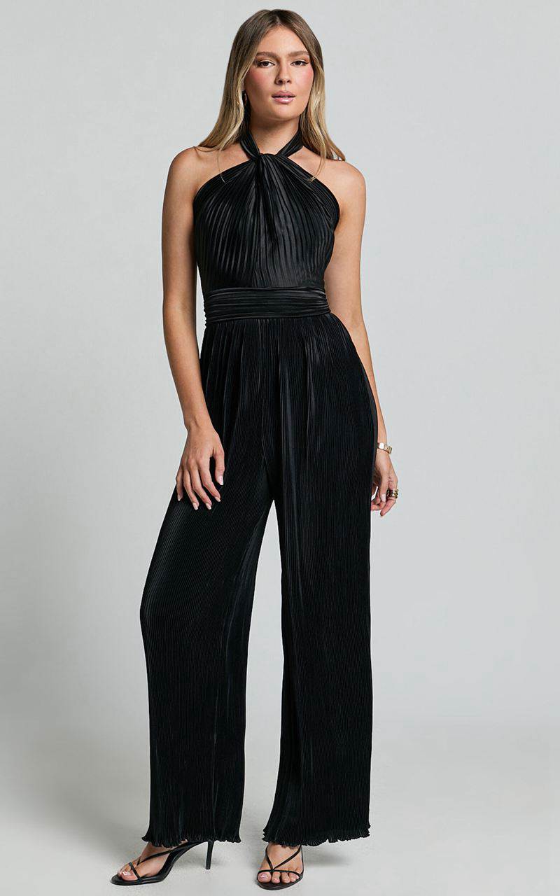 Showpo Paris Jumpsuit - Plisse Halter Neck Wide Leg Jumpsuit Black | RSCMVI297