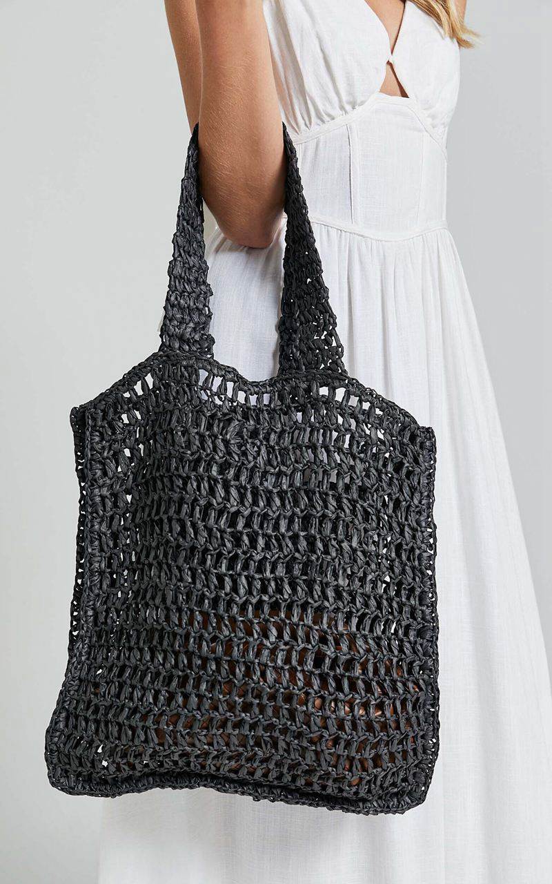 Showpo Paros Crochet Tote Bag Black | JRAPBK598