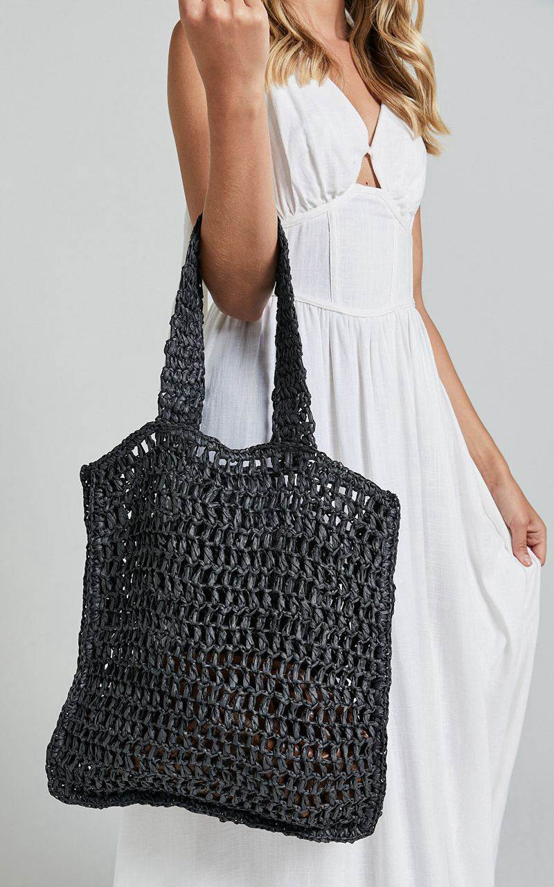 Showpo Paros Crochet Tote Bag Black | JRAPBK598