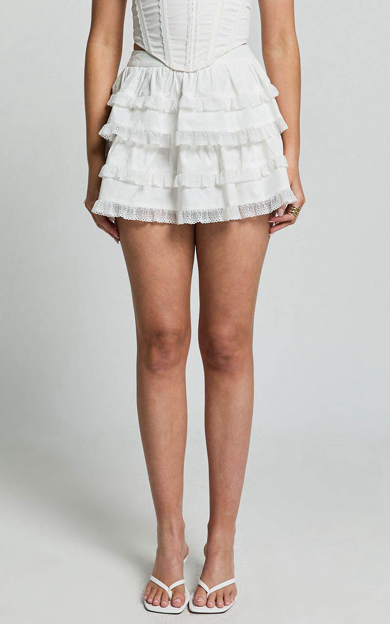 Showpo Pascal Mini Skirt - Lace Trim Tiered Skirt Ivory | HMUQYA376