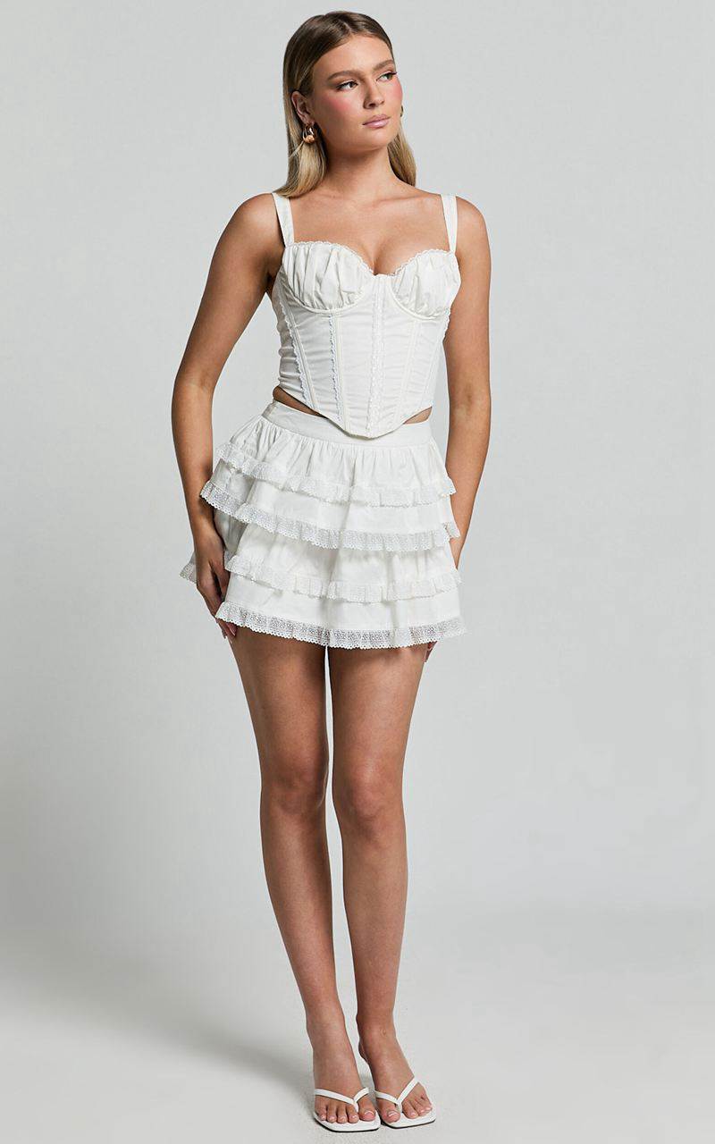 Showpo Pascal Mini Skirt - Lace Trim Tiered Skirt Ivory | HMUQYA376