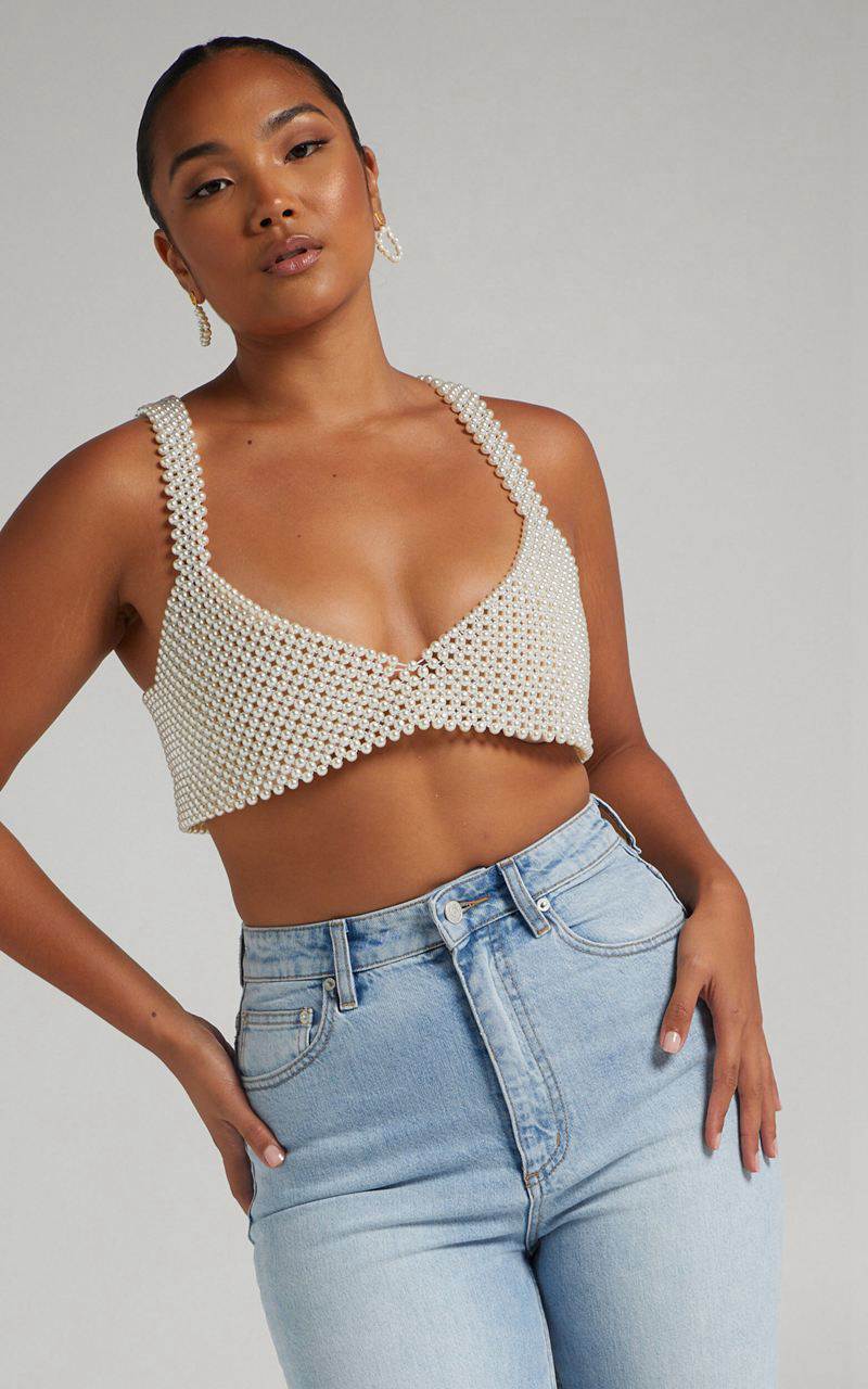 Showpo Peggy Top - V Neck Crop Top Pearl | KSTUXA190