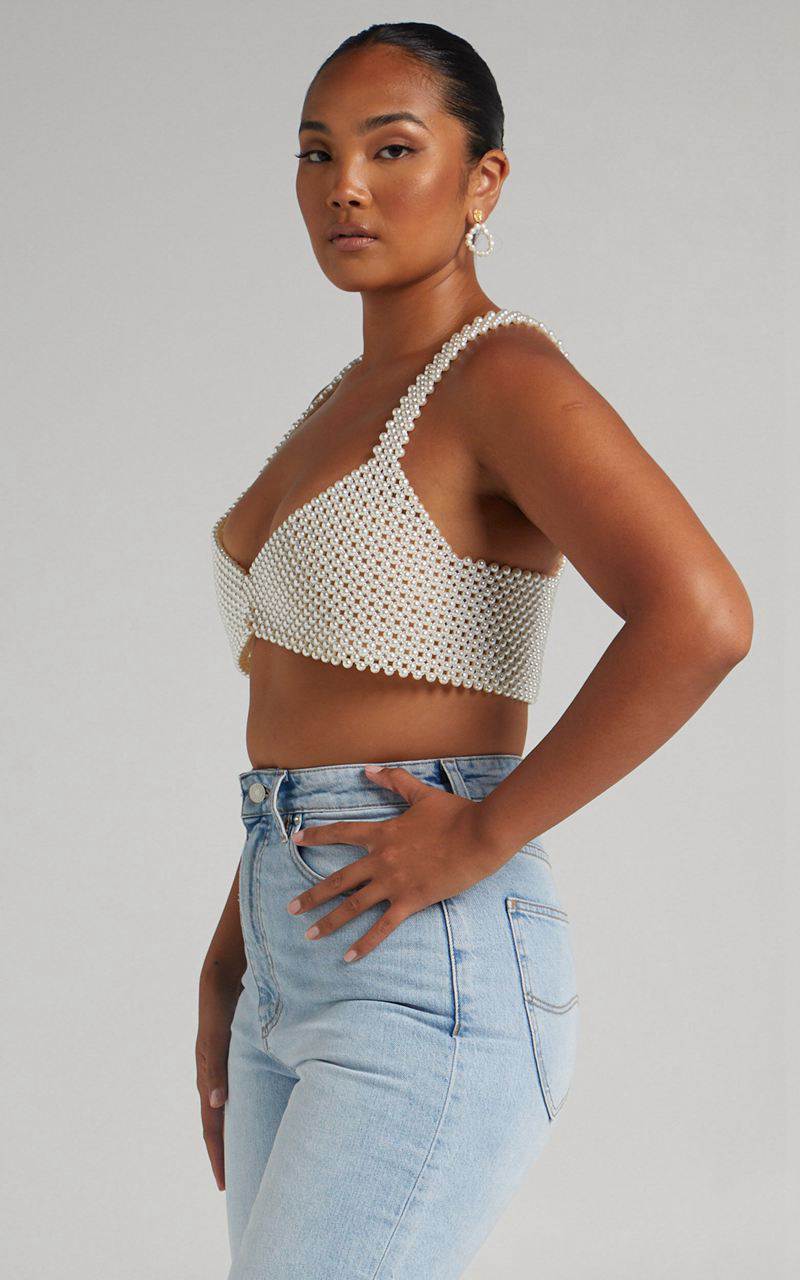 Showpo Peggy Top - V Neck Crop Top Pearl | KSTUXA190