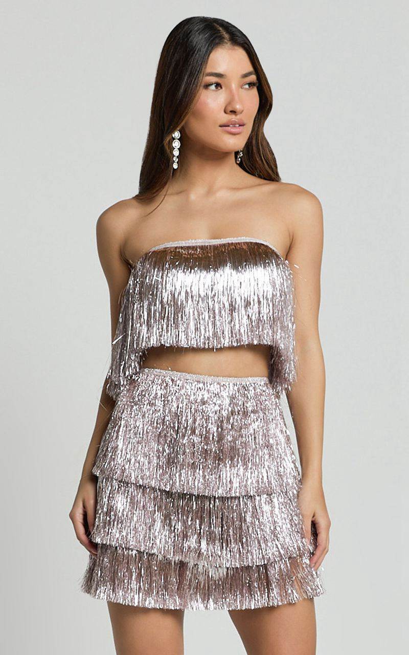 Showpo Peggy Two Piece Set - Fringe Strapless Top And Mini Skirt Set Pink | OIBJUP610