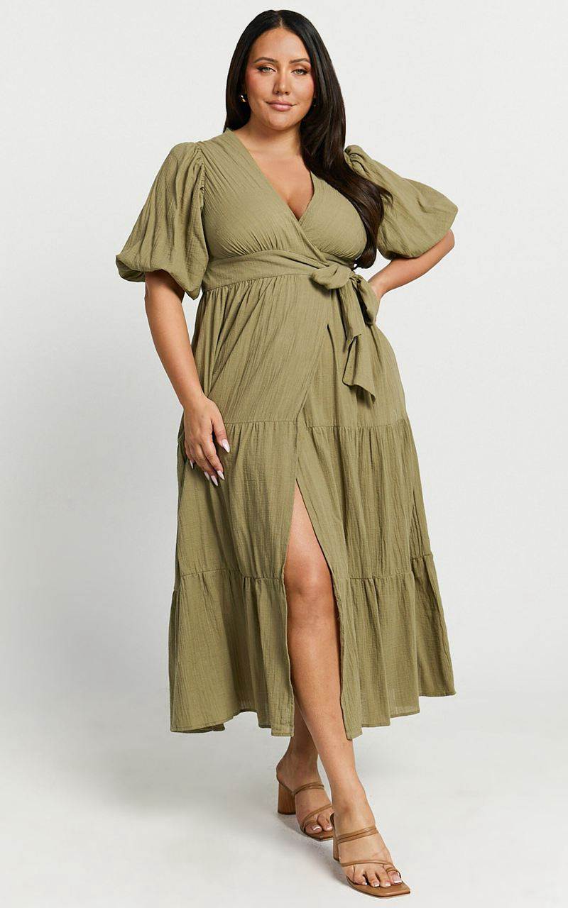 Showpo Penelope Wrap Front Puff Sleeve Midi Dress Olive | FDGKAS283