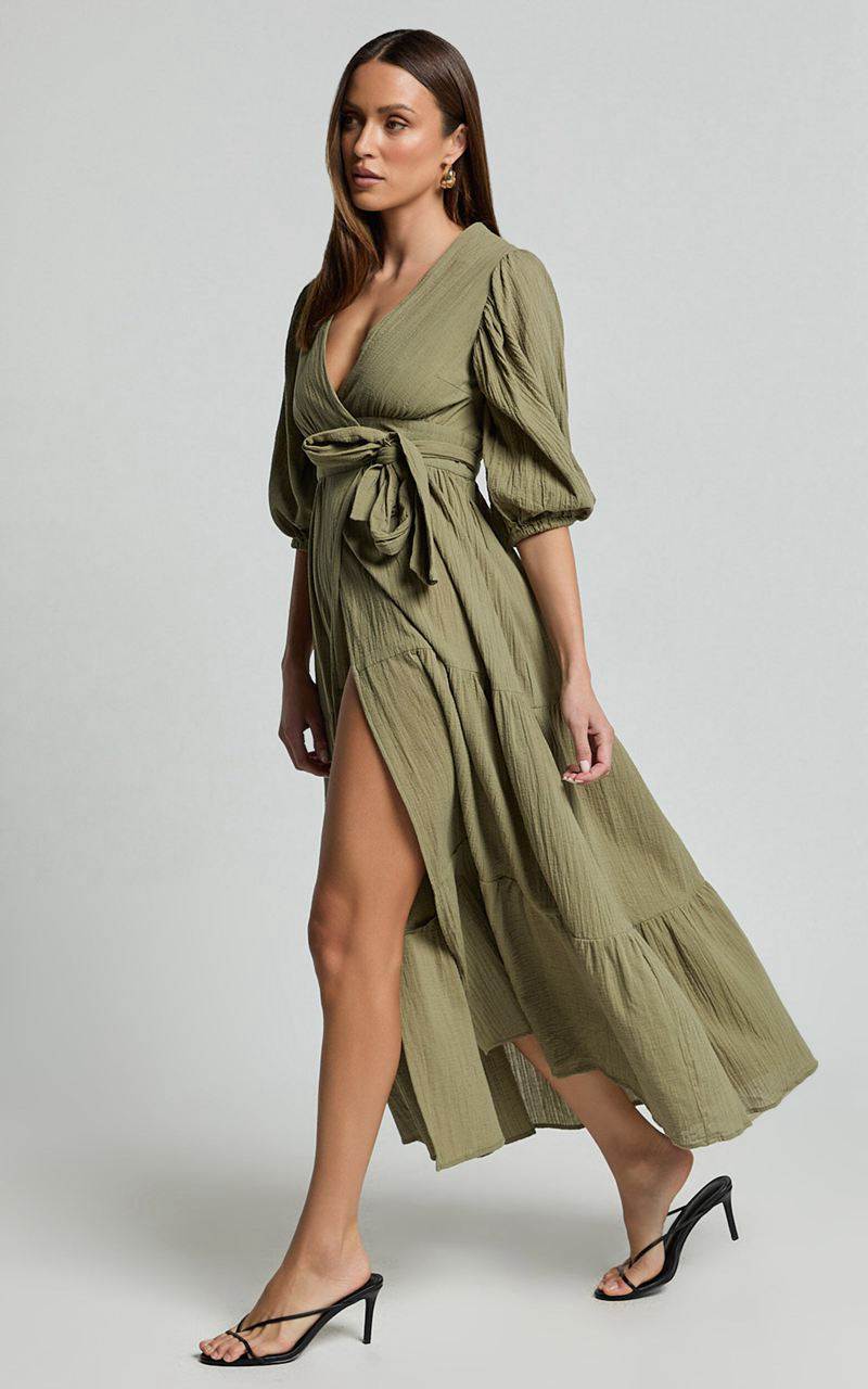 Showpo Penelope Wrap Front Puff Sleeve Midi Dress Olive | FDGKAS283