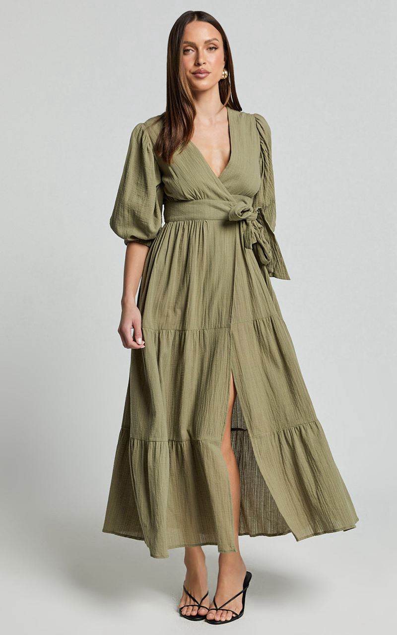 Showpo Penelope Wrap Front Puff Sleeve Midi Dress Olive | FDGKAS283