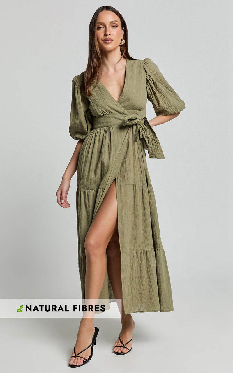 Showpo Penelope Wrap Front Puff Sleeve Midi Dress Olive | FDGKAS283