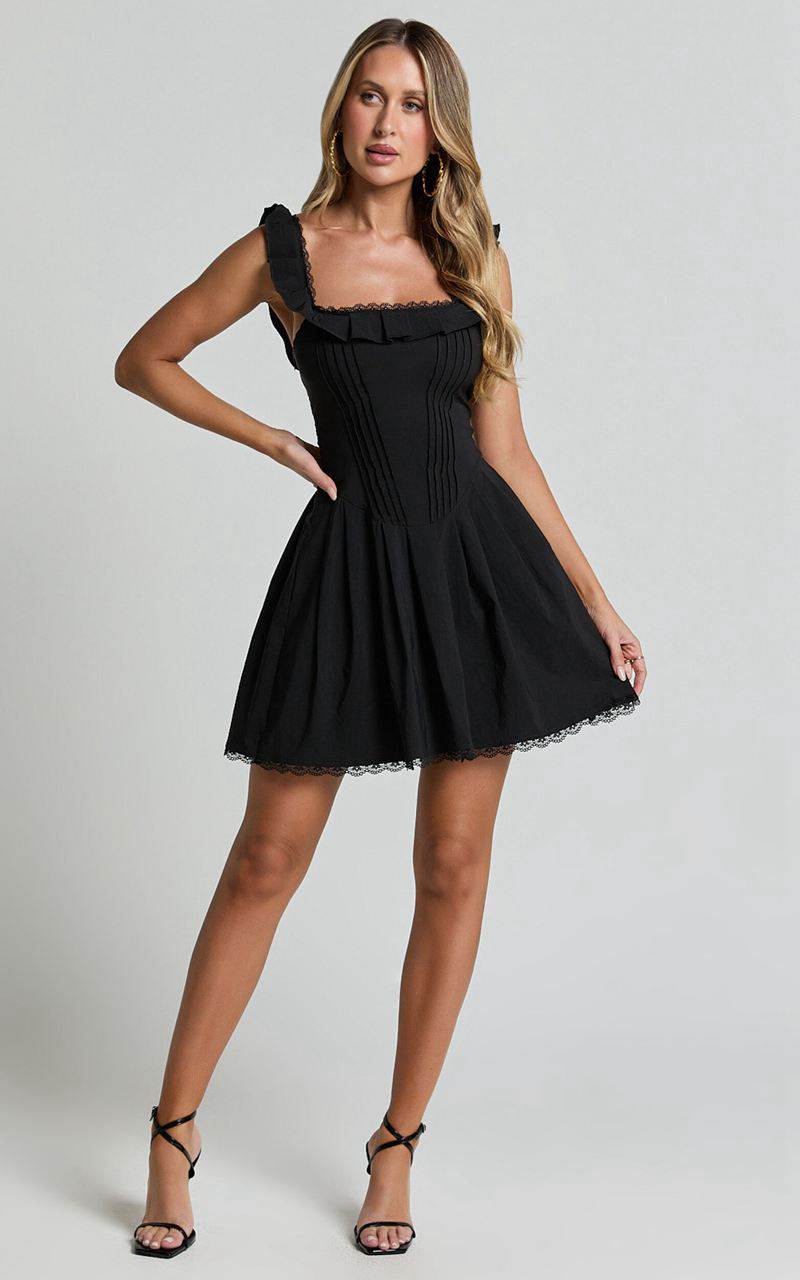 Showpo Petunia Mini Dress - Fit And Flare Baby Doll Frill Detail Mini Dress Black | TRWQAC513