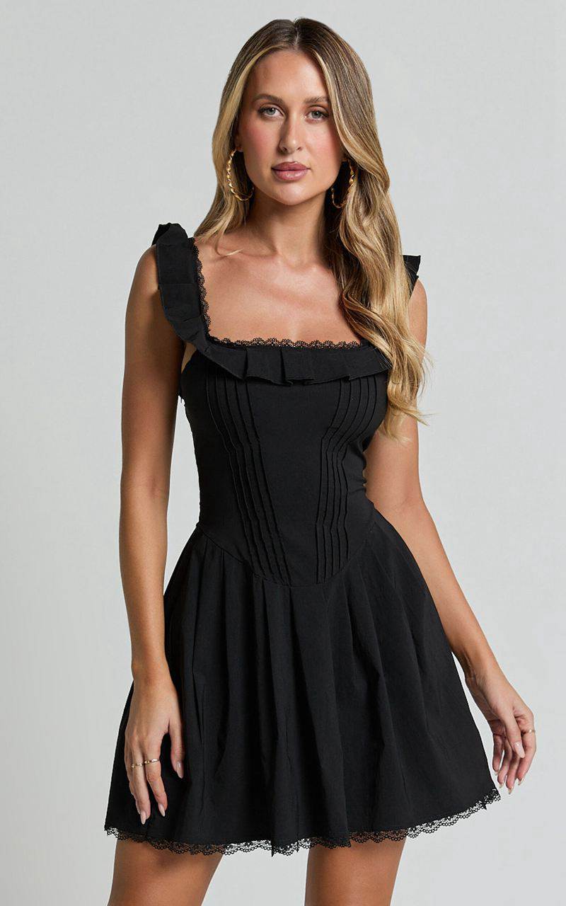 Showpo Petunia Mini Dress - Fit And Flare Baby Doll Frill Detail Mini Dress Black | TRWQAC513