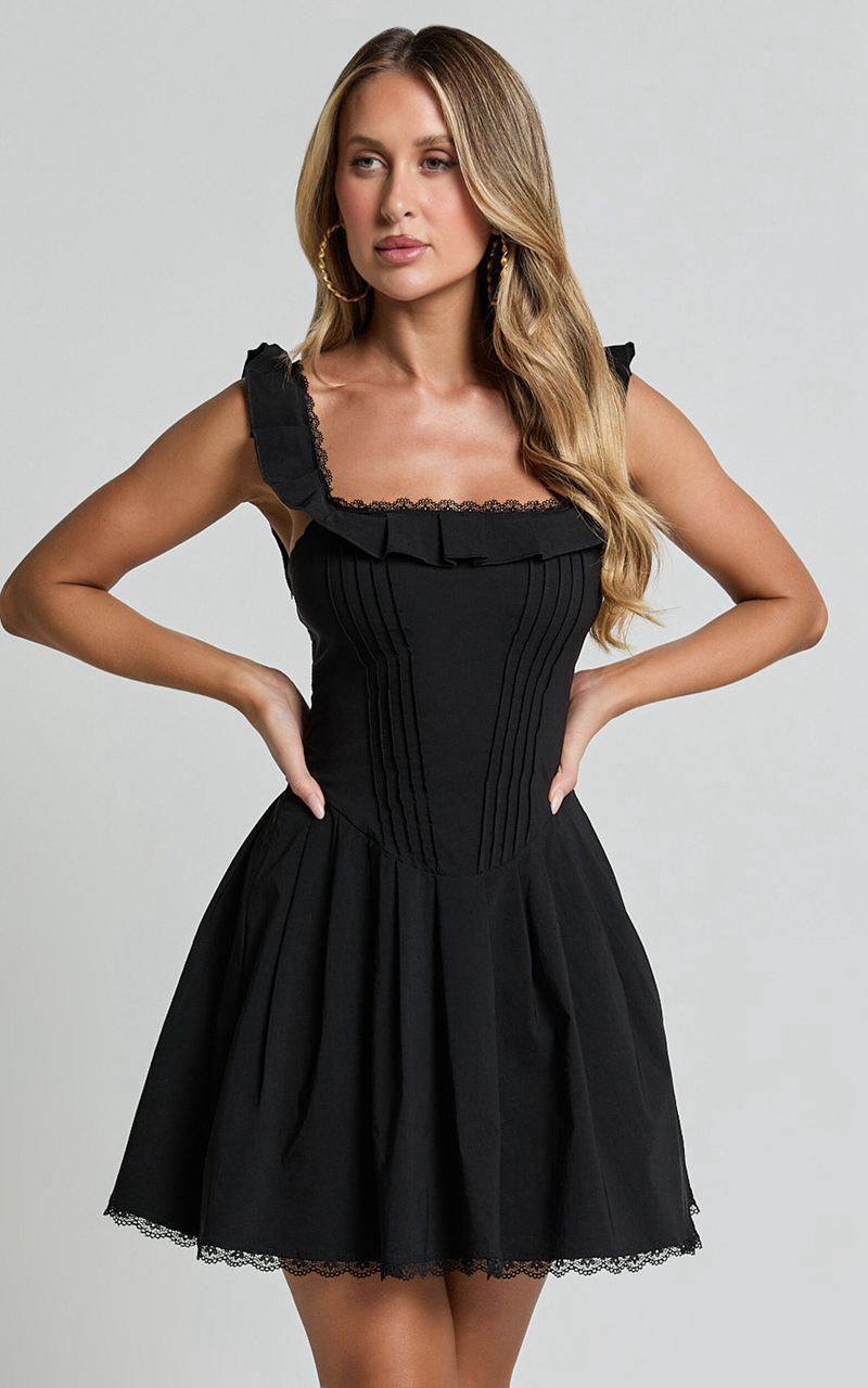 Showpo Petunia Mini Dress - Fit And Flare Baby Doll Frill Detail Mini Dress Black | TRWQAC513