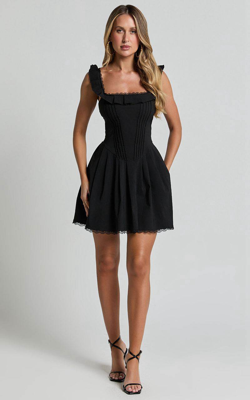 Showpo Petunia Mini Dress - Fit And Flare Baby Doll Frill Detail Mini Dress Black | TRWQAC513