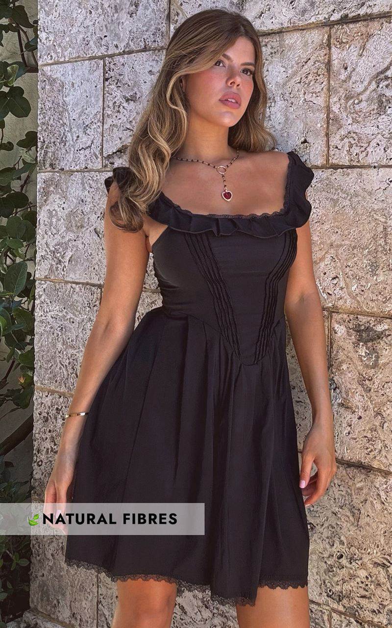 Showpo Petunia Mini Dress - Fit And Flare Baby Doll Frill Detail Mini Dress Black | TRWQAC513