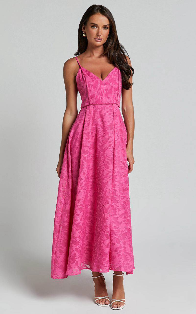 Showpo Philine Midi Dress - Jacquard Plunge Fit And Flare Dress Pink | NHESGR695