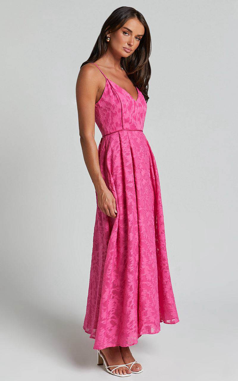 Showpo Philine Midi Dress - Jacquard Plunge Fit And Flare Dress Pink | NHESGR695