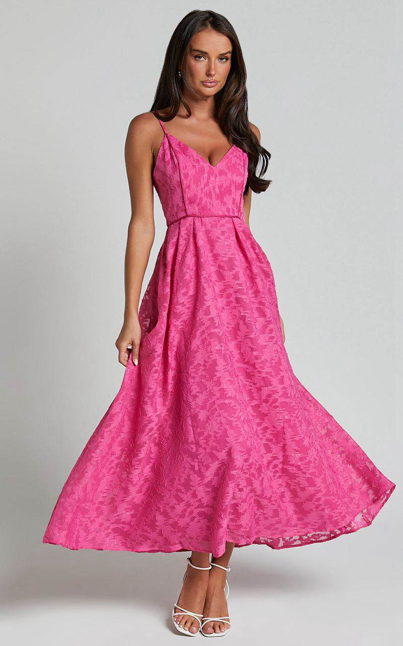 Showpo Philine Midi Dress - Jacquard Plunge Fit And Flare Dress Pink | NHESGR695