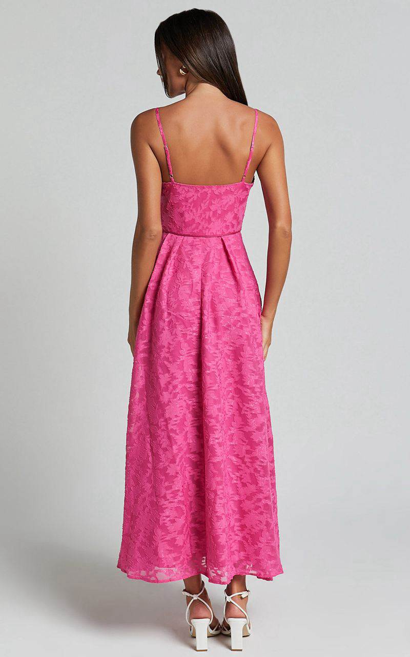 Showpo Philine Midi Dress - Jacquard Plunge Fit And Flare Dress Pink | NHESGR695