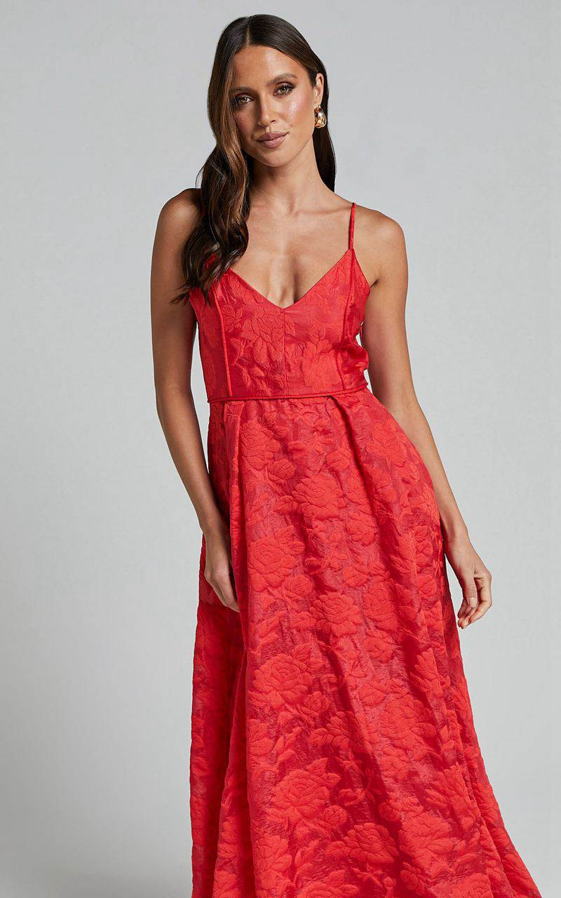 Showpo Philine Midi Dress - Jacquard Plunge Fit And Flare Dress Red | PGOYEV608