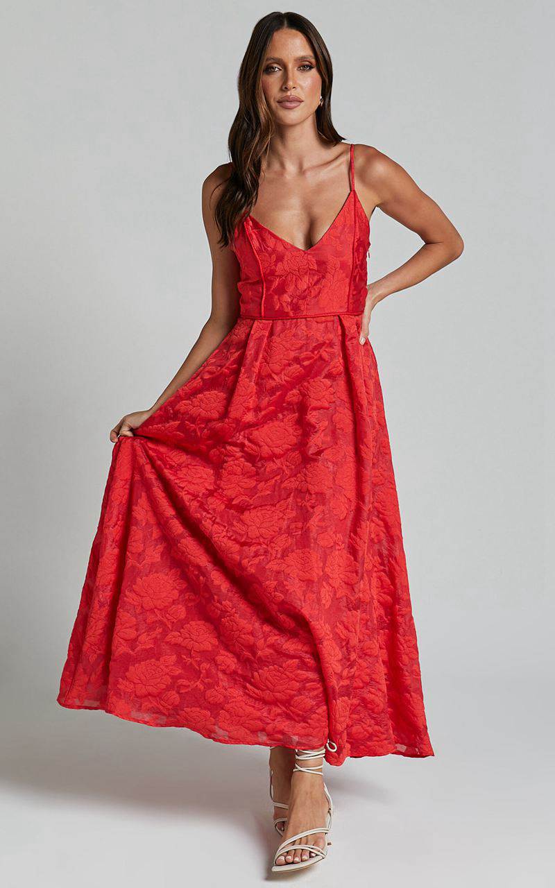 Showpo Philine Midi Dress - Jacquard Plunge Fit And Flare Dress Red | PGOYEV608