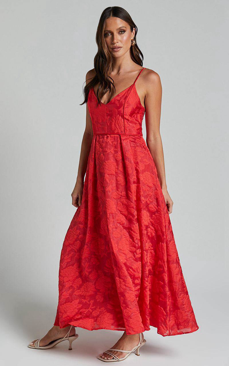 Showpo Philine Midi Dress - Jacquard Plunge Fit And Flare Dress Red | PGOYEV608