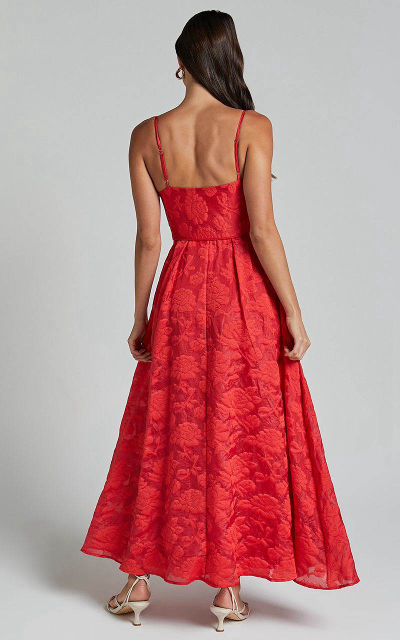 Showpo Philine Midi Dress - Jacquard Plunge Fit And Flare Dress Red | PGOYEV608