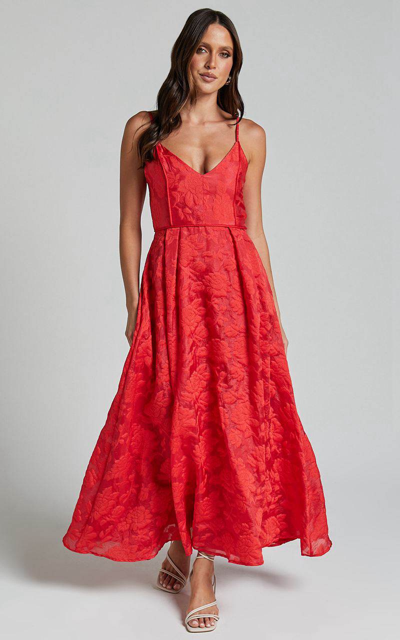 Showpo Philine Midi Dress - Jacquard Plunge Fit And Flare Dress Red | PGOYEV608