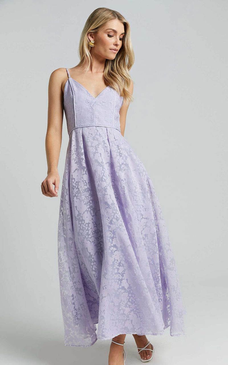 Showpo Philine Midi Dress - Jacquard Plunge Fit And Flare Dress Lilac | ZKUFJS258