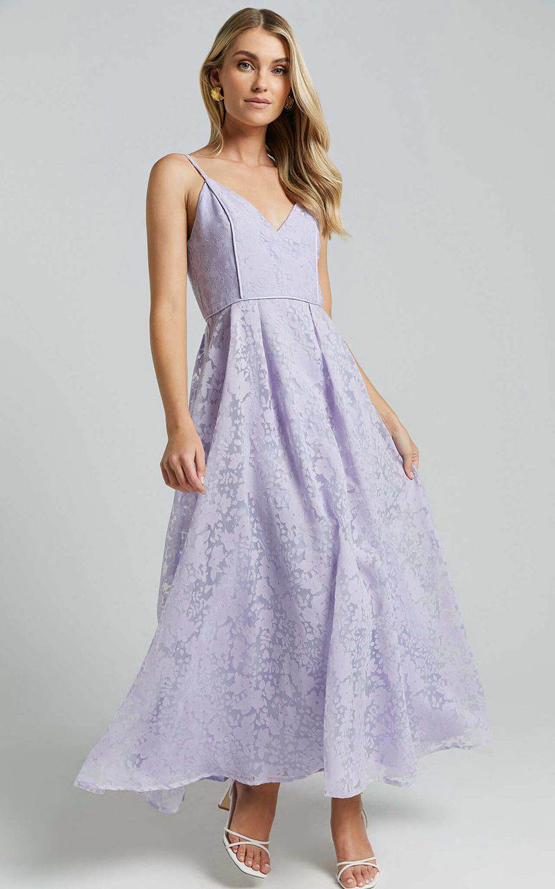 Showpo Philine Midi Dress - Jacquard Plunge Fit And Flare Dress Lilac | ZKUFJS258