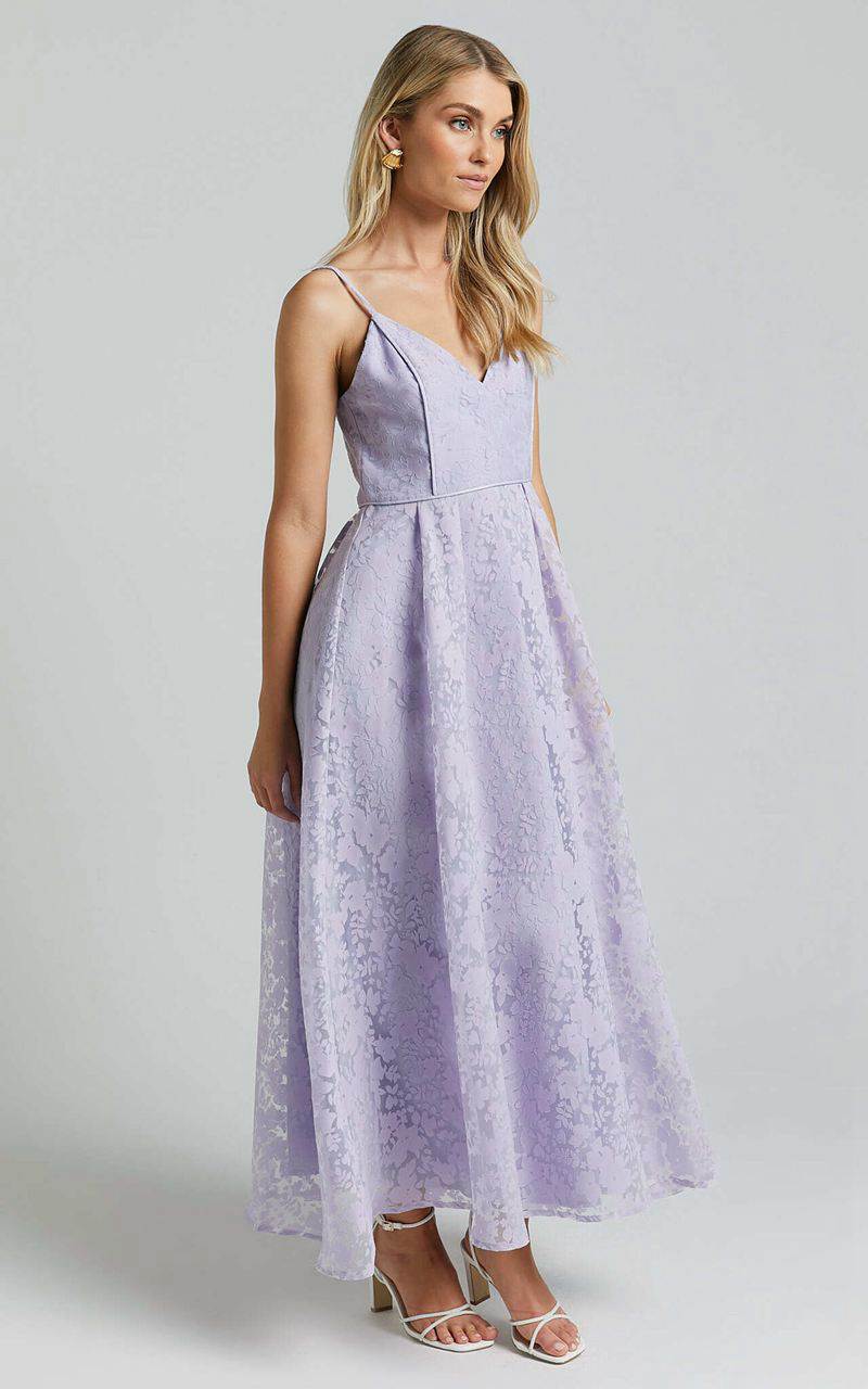 Showpo Philine Midi Dress - Jacquard Plunge Fit And Flare Dress Lilac | ZKUFJS258